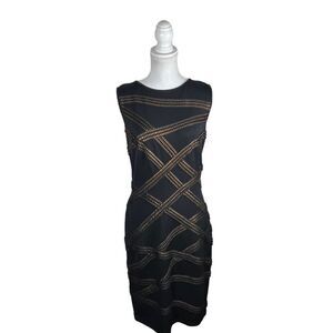 Tadashi Shoji Black Bronze Basket Weave Fitted Jersey Dress
